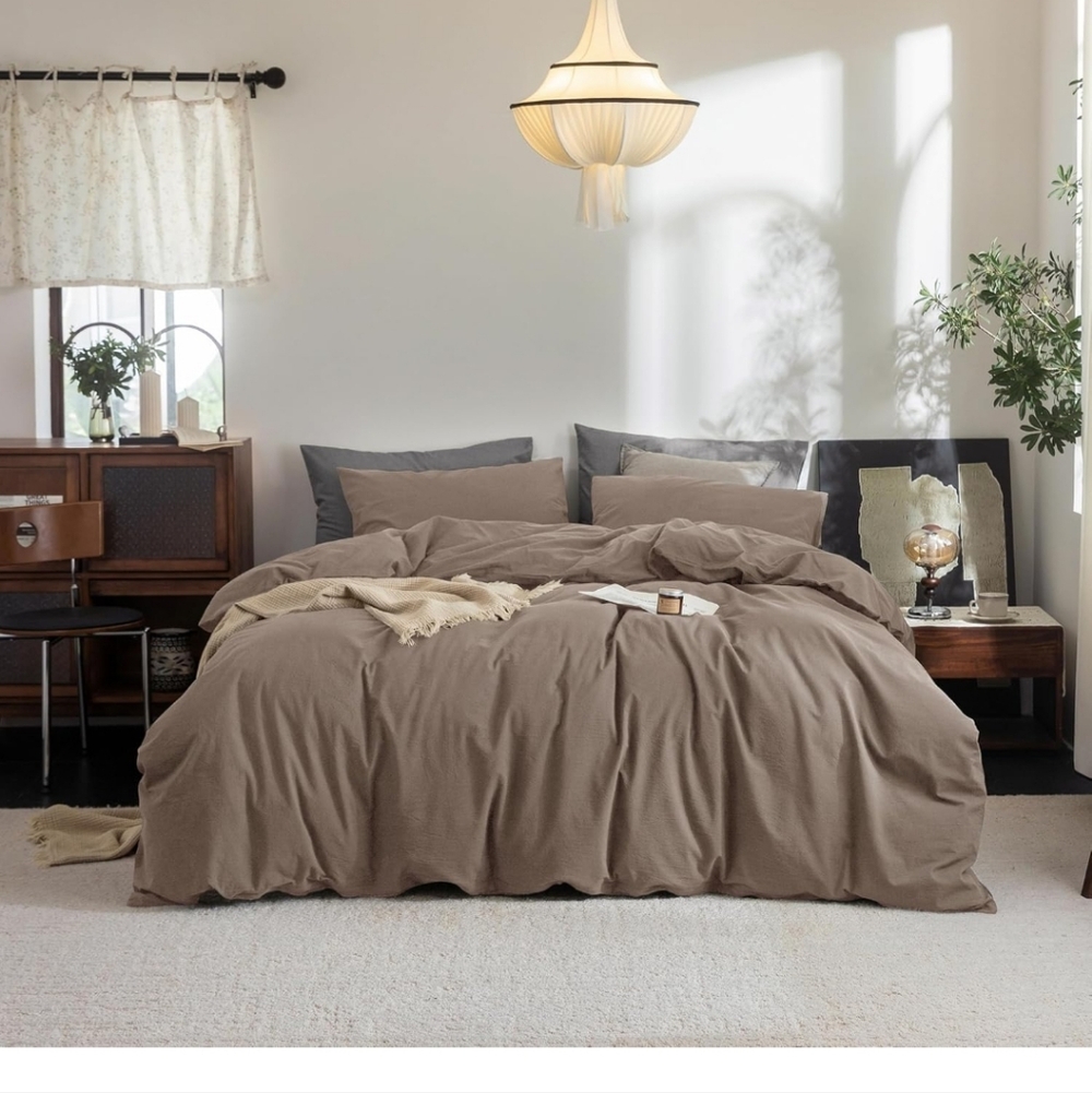 FOSSA Duvet Cover Set 100% Washed Cotton Linen Feel Super Soft Breathable Cozy Q